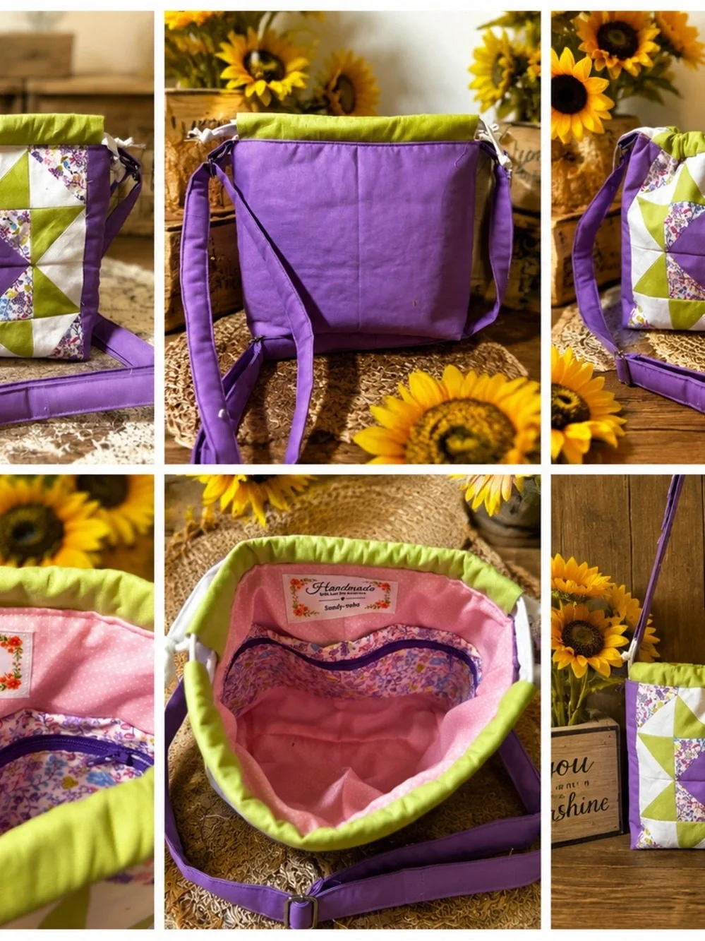 Quilted Patchwork Crossbody Bag in Purple and Green